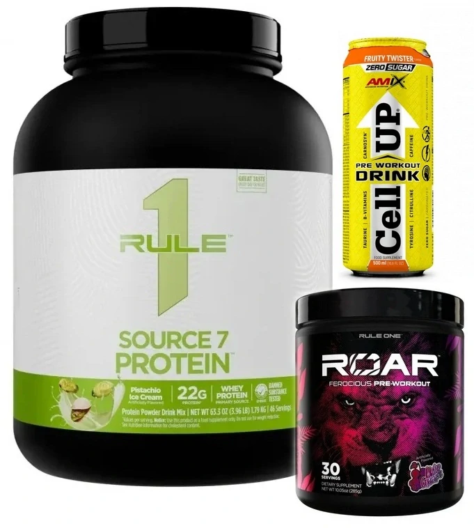 Rule 1 Source 7 Protein - 1790-1830 g ( dle příchutě ) + Rule 1 Roar Pre-Workout - 285-315 g ( dle příchutě )